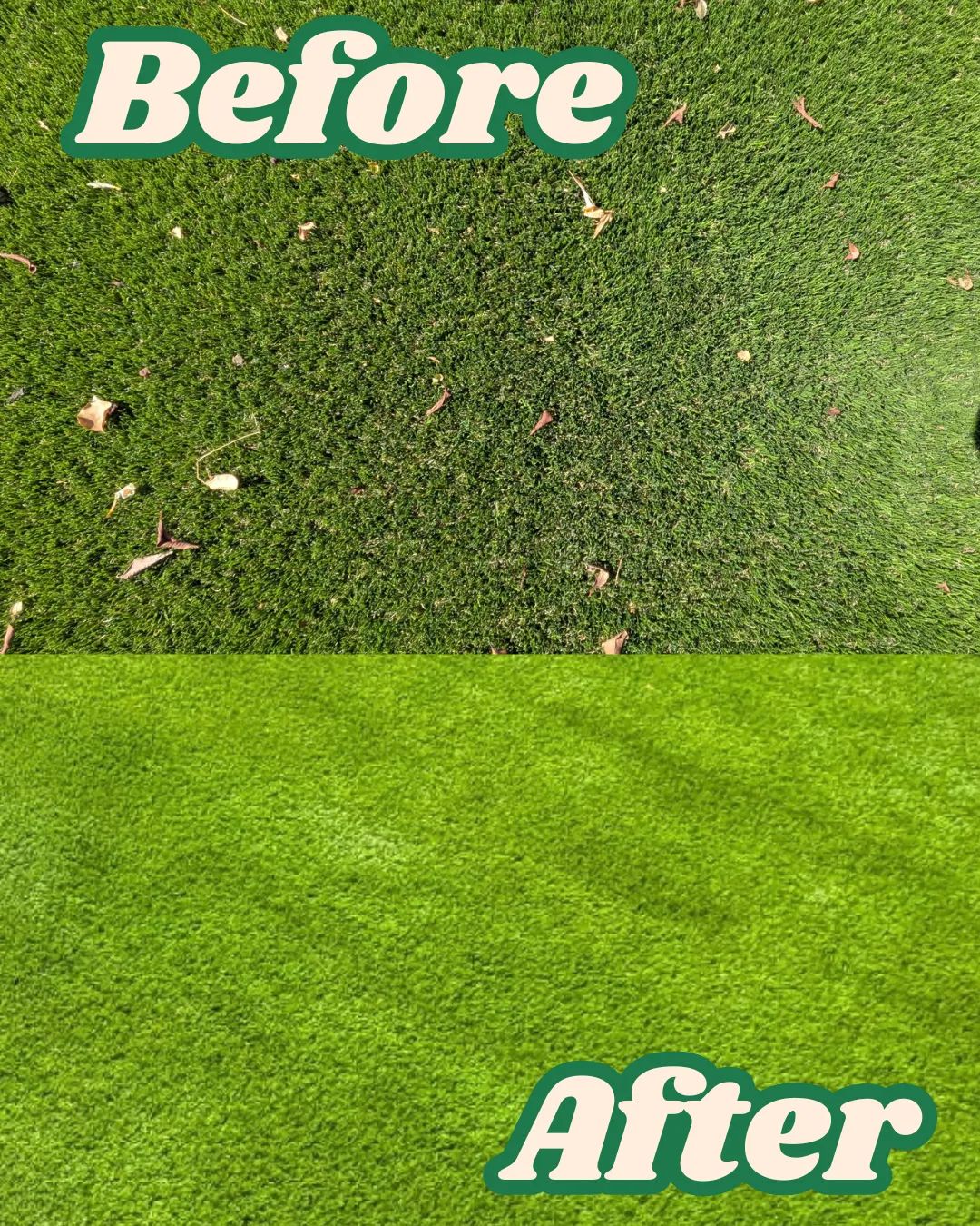 Before and after artificial turf cleaning by TurfHealth in Phoenix — debris-covered turf restored to bright, clean grass